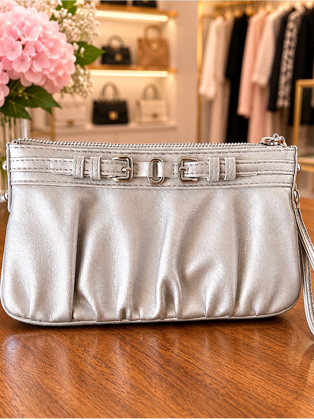 Express Silver Metallic Wristlet Wallet Clutch with Buckle Detail